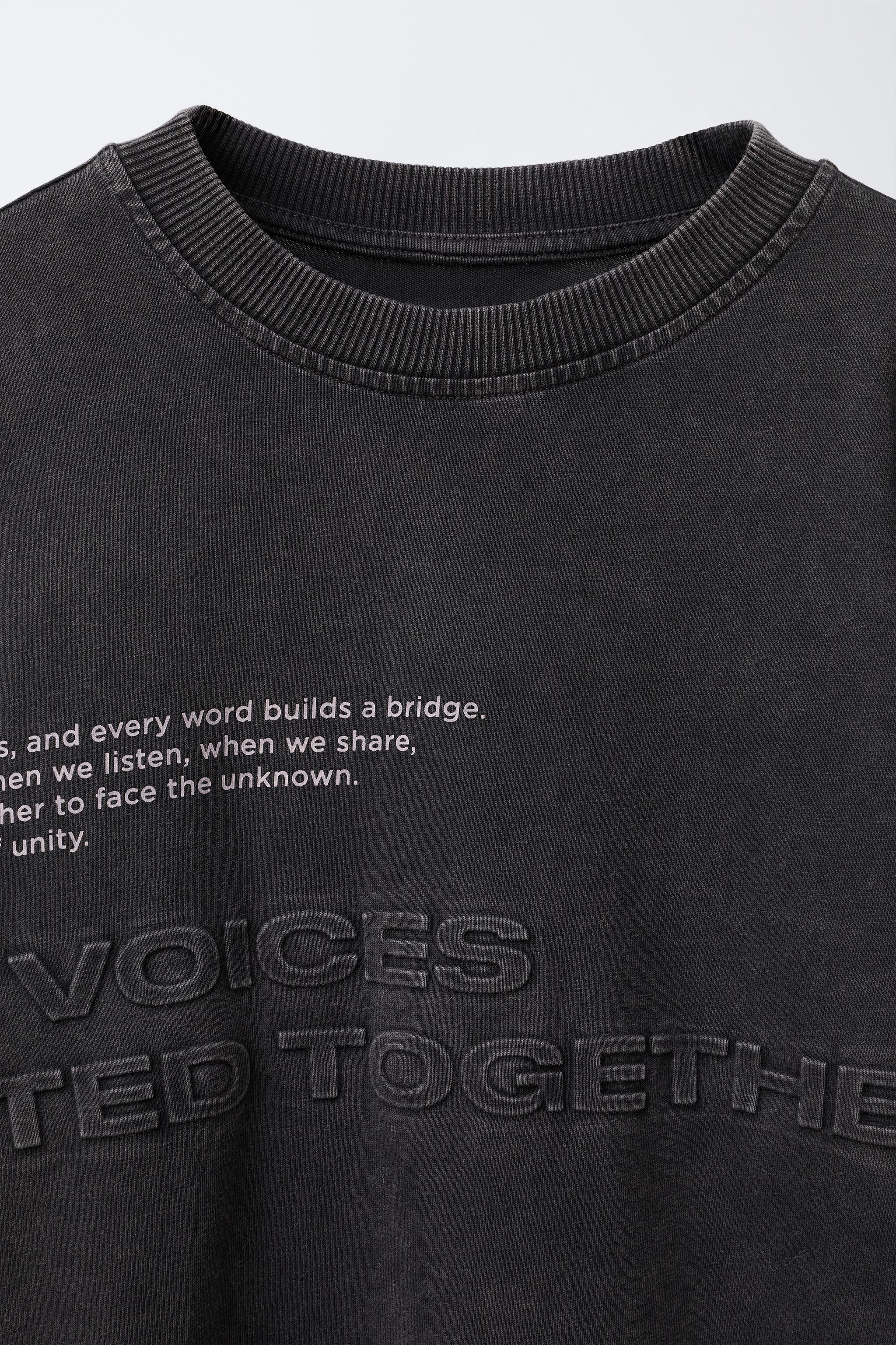 WASHED EFFECT DOUBLE SLEEVE RAISED TEXT T-SHIRT